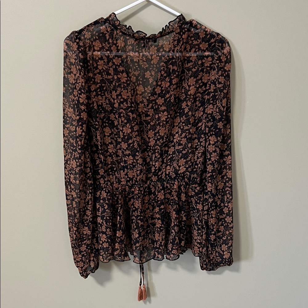 Lulu's She’s The Sweetest Black and Brown Floral Long Sleeve Sheer Blouse Size S - Picture 5 of 12